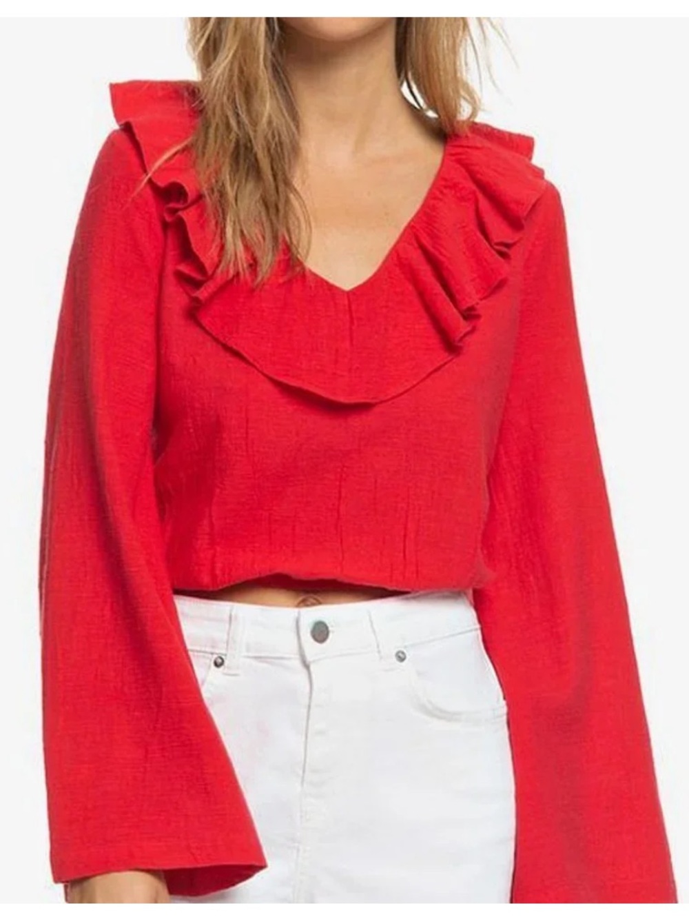 Red Roxy Ruffle-Neck Long-Sleeve Women's Top